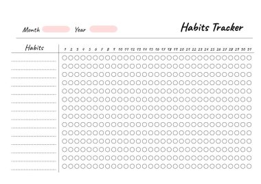 Habits Tracker printable template Vector. Blank white notebook page A4