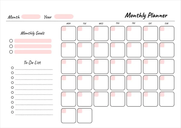 Monthly planner printable template Vector. Blank white notebook page A4 — 스톡 벡터