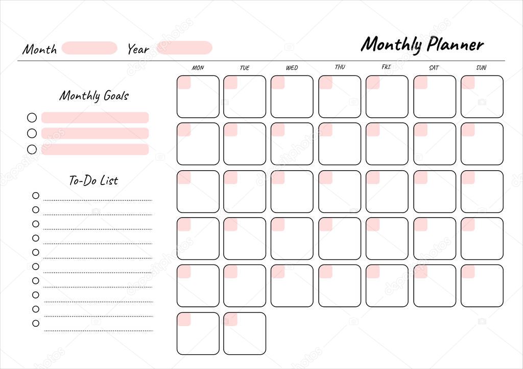 Monthly planner printable template Vector. Blank white notebook page A4