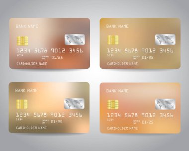 Realistic detailed credit cards set with bronze gold abstract metallic foil gradinet design