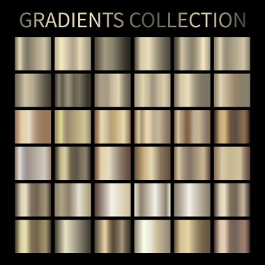 Metalik, bronz, altın, gümüş, krom, bakır metal folyo desen gradyan şablon taşıyıcı kumaş seti. Arkaplanlar için metalik gradyan çizimi, sancak arayüzü Vektör şablonu tasarımı