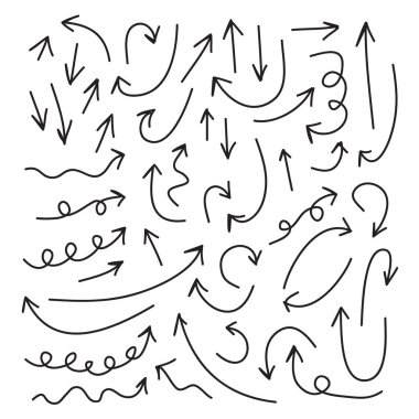 Ok simgeleri vektör el düzenlenebilir kümesi. Ok, el yapımı karalama, beyaz arkaplanda izole edilmiş işaret levhasını kaldır. Basit logo vektör tasarımı resimleme