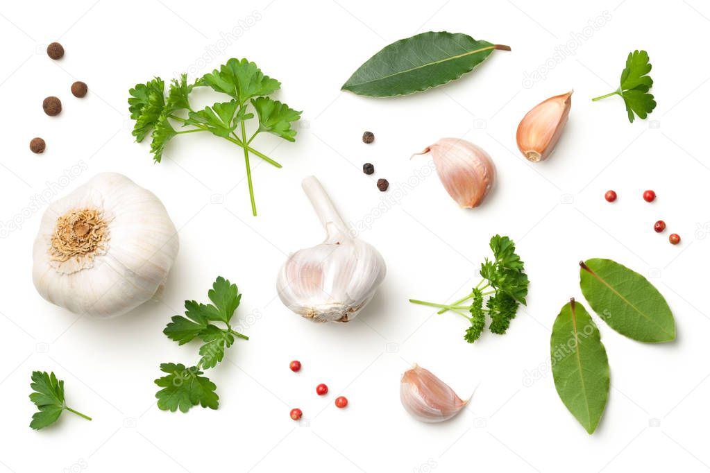 Garlic, Bay Leaves, Parsley, Allspice and Pepper Isolated on Whi