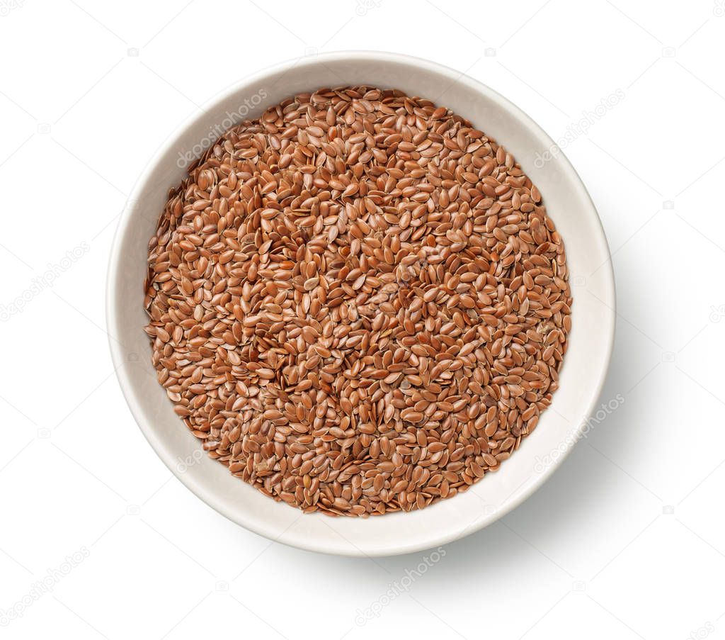 Flax Seed in Bowl Isolated on White Background