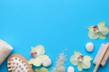 Spa kompozisyon için mavi arka plan üzerinde vücut bakımı