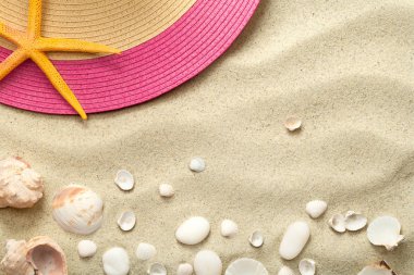 Kabukları ve yaz şapka ile kum arka plan
