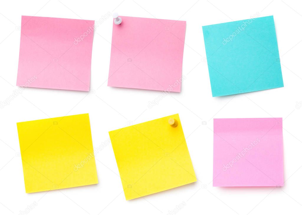 Sticky Post Note Paper Isolated on White Background. Pastel colors. Copy space. Top view