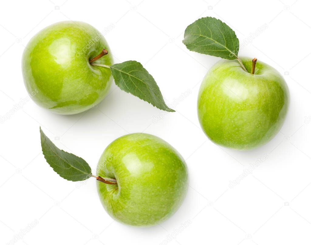 Green Apples With Leaves Isolated On White