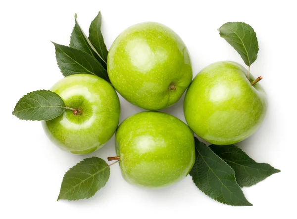 Groene appels met bladeren geïsoleerd op wit — Stockfoto