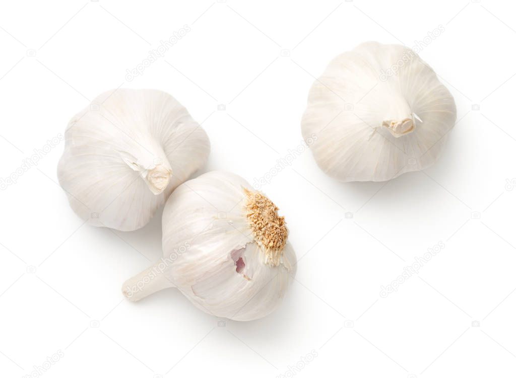 Garlic isolated on white background. Top view, flat lay