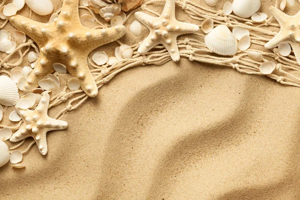 Seashells Starfishes Sand Background Waves Fishing Net Top View Flat — Stock Photo, Image