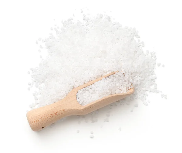 Grovt Salt Med Träskopa Isolerad Vit Bakgrund Ett Platt Ligg — Stockfoto