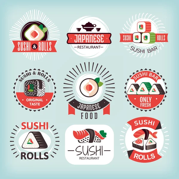 Zbiór różnych etykiet sushi — Wektor stockowy