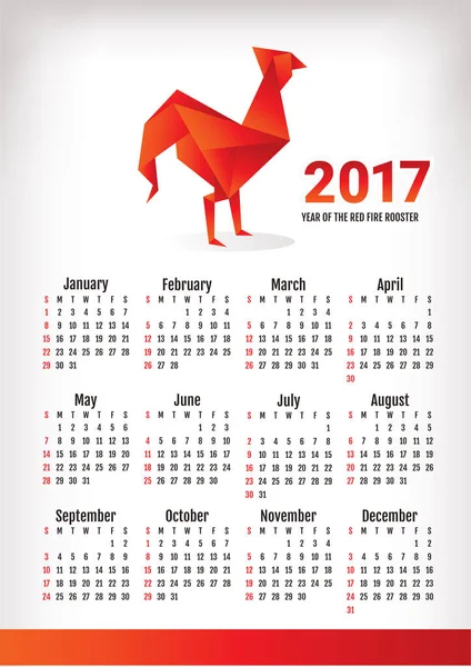 Jahreskalender 2017 mit Hahn — Stockvektor