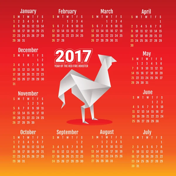 Jahreskalender 2017 mit Hahn — Stockvektor