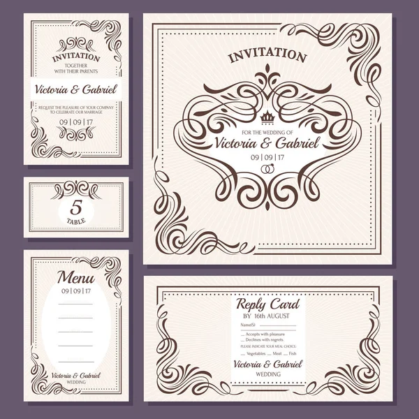 Coleção de cartões de casamento floral vintage caligráfico — Vetor de Stock