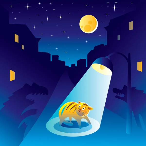 ลูกแมวที่น่ากลัวในคืนของเมือง — ภาพเวกเตอร์สต็อก