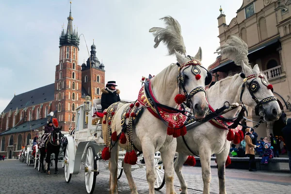 Pferdekutschen auf dem Hauptplatz in Krakau an einem Wintertag. Stockbild