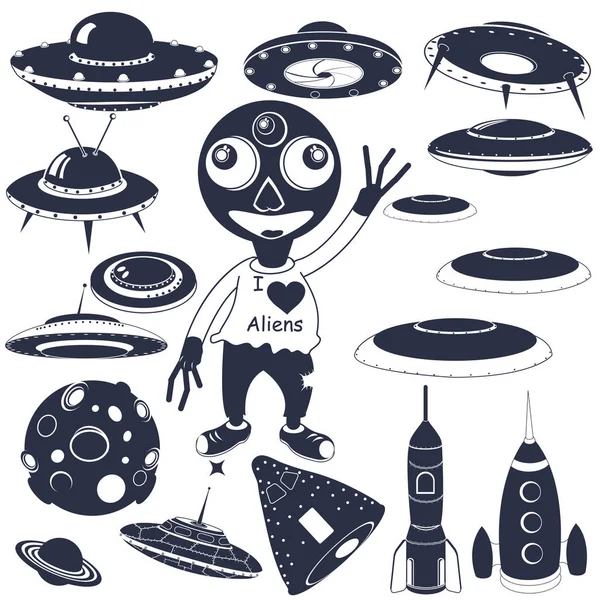 Spaceship and alien black  collection — Stock Vector