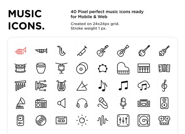 40个音乐图标 像素完美 在24X24Px网格上创建 可用于所有移动平台 网络和打印 易于改变颜色或大小 图库插图
