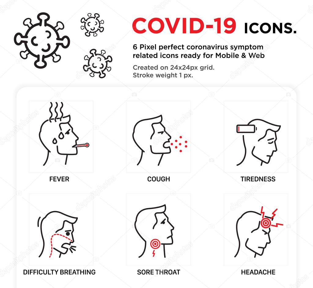 COVID-19 / Coronavirus Symptoms Public Health Infographic | Editable Stroke, Pixel Perfect
