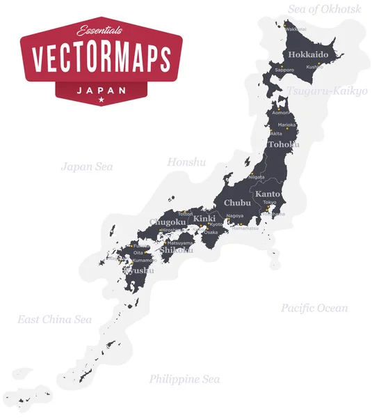 Mapa Político Japão Formas Detalhadas Precisas Regiões Sublayers Nomeados Separados — Vetor de Stock