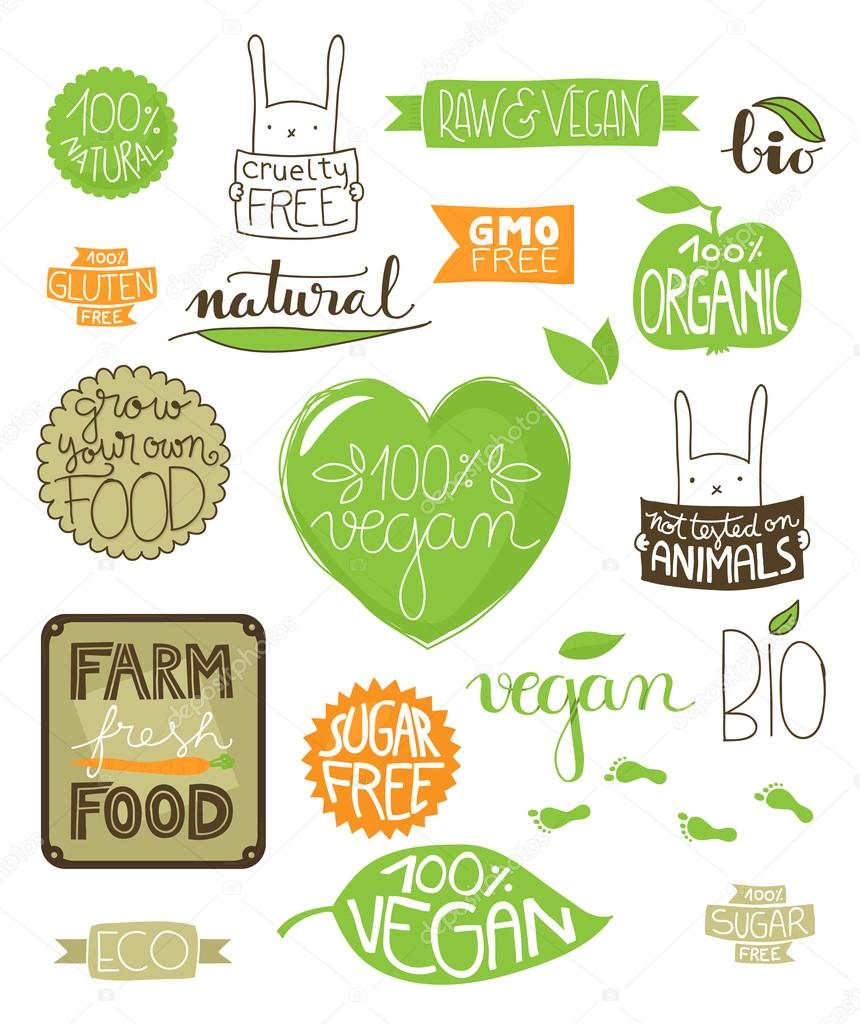 Collection of environmental badges, labels and icons, all handdrawn with hand lettered text