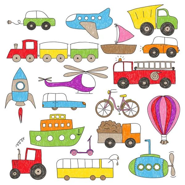 Vechicules de jouets de style dessin pour enfants — Image vectorielle