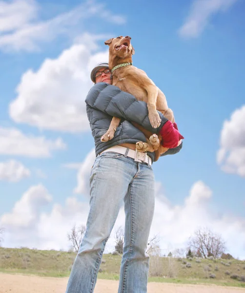 Девушка держит на руках свою большую собаку — стоковое фото