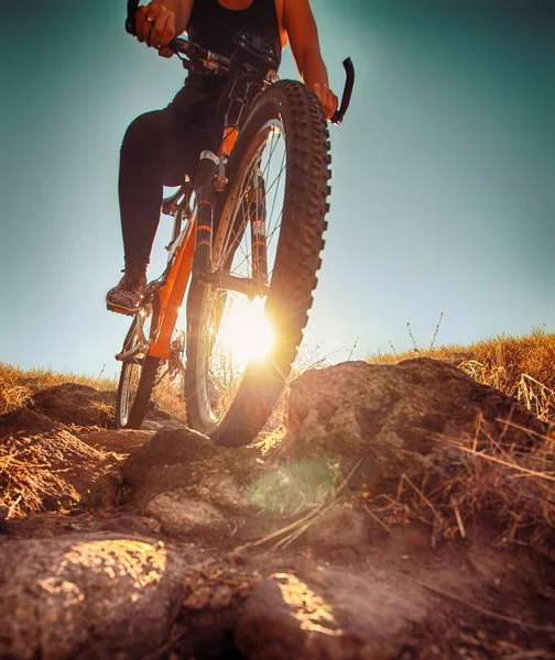 Vrouw een fiets neer een vuil spoor rijden — Stockfoto