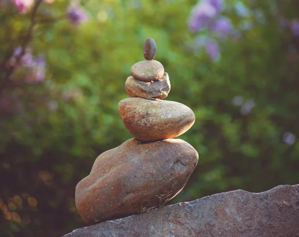 Rocks Stacked Park Sunset Flowers Background Toned Vintage Retro Instagram — Stock Photo, Image