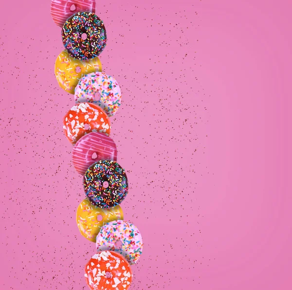 Красочные пончики с глазурью, покрытые брызгами и кусочками шоколада на розовом фоне с конфетти — стоковое фото