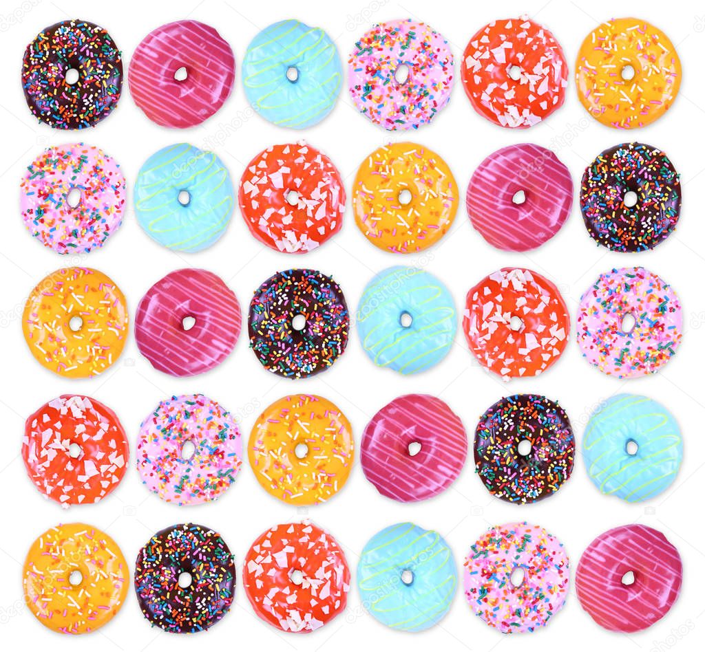 doughnuts on an isolated white background studio shot overhead with shadows