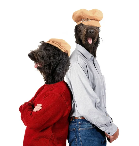 dog heads on human models with their back to each other showing body language of a couple studio shot on an isolated white background