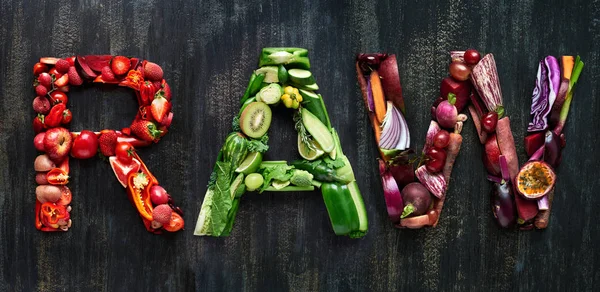 Gemüse und Obst in Wort roh — Stockfoto