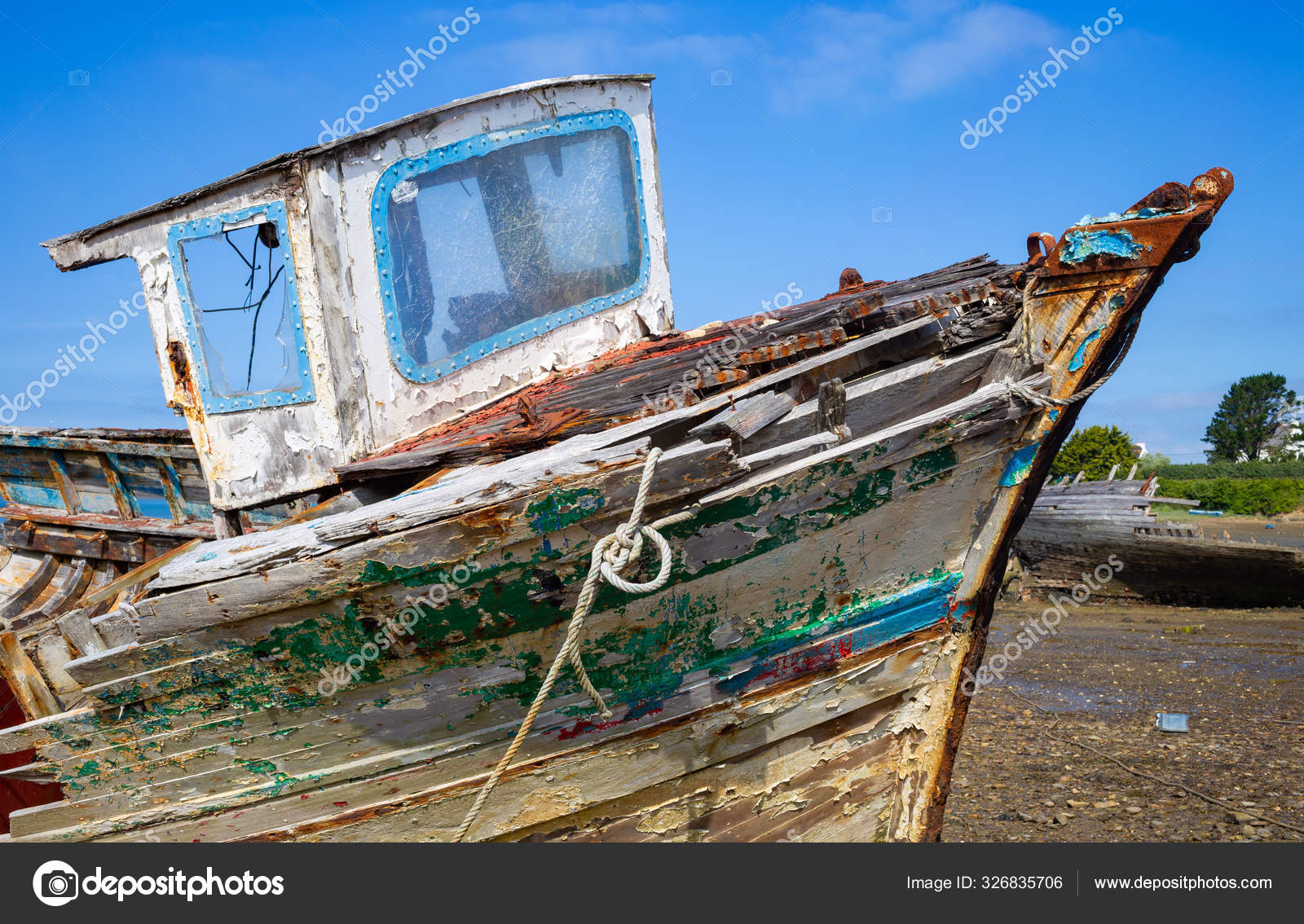 Old Wooden Boat Hull With Decayed Wood Ling Paint Stock Old Wooden Boat Hull With Decayed Wood