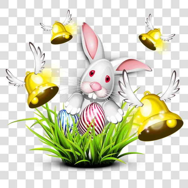 Щасливе пасхальне яйце з кроликом і дзвонами на прозорому фоні — стоковий вектор