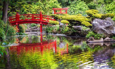 Japon bahçesi ve suyun üzerindeki kırmızı köprü