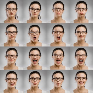 Birden çok farklı ifadeleri ile kadın portreleri