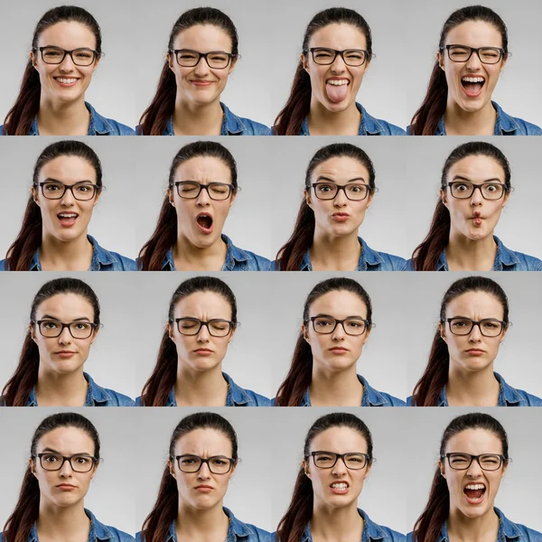 Múltiplos retratos de mulher com expressões diferentes — Fotografia de Stock