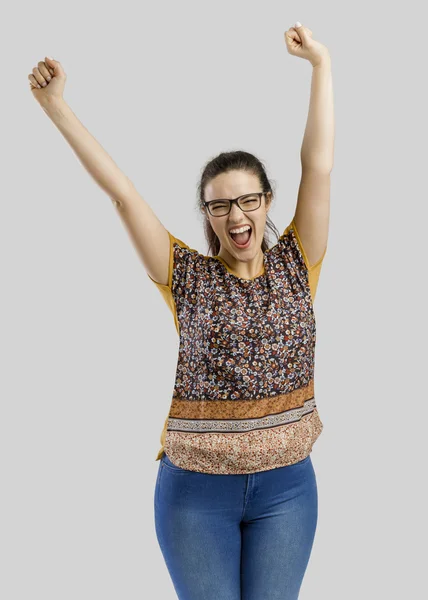 Mujer feliz con ambos brazos arriba —  Fotos de Stock