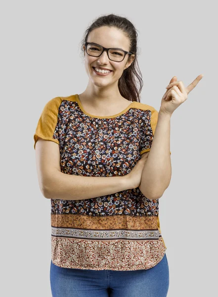 Woman showing thinking sign — Stock Photo, Image