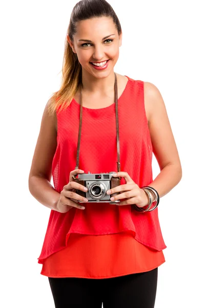 Pretty woman posing in red blouse — Stock Fotó
