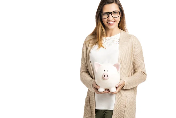 Feliz mulher segurando porquinho banco — Fotografia de Stock