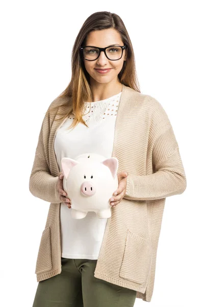 Glückliche Frau hält Sparschwein — Stockfoto