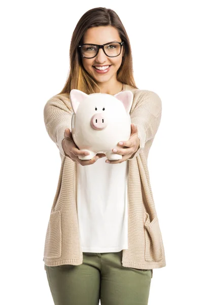 Feliz mulher segurando porquinho banco — Fotografia de Stock