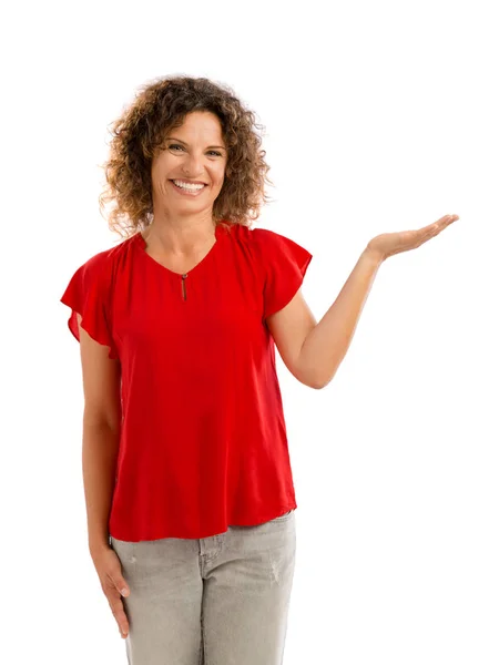 Woman showing something on hand — Stock Photo, Image