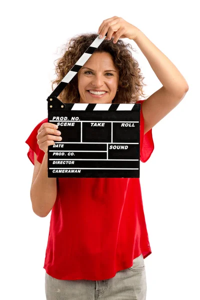 Donna che tiene clapboard — Foto Stock