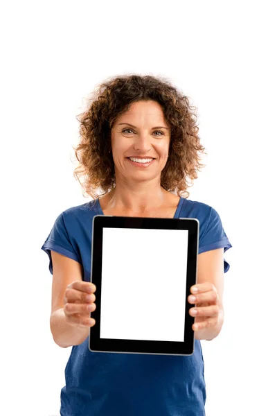 Woman holding tablet — Stock Photo, Image