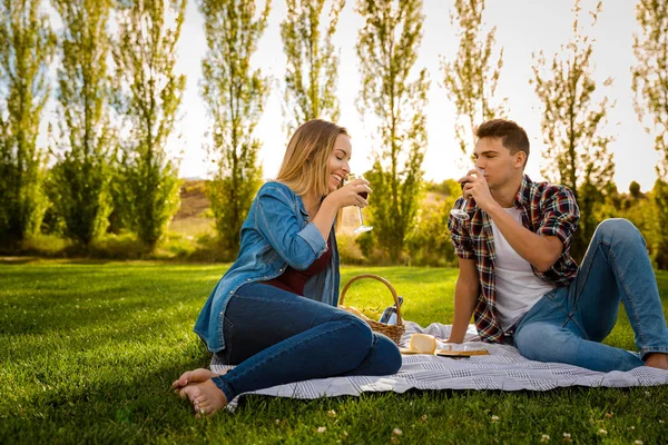 Vackra par på picknick — Stockfoto